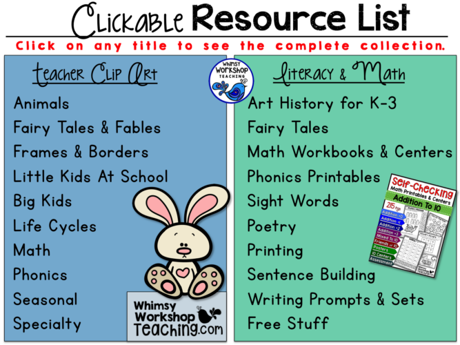 Clickable Resource List to help you find whatever you need in literacy, math and clip art