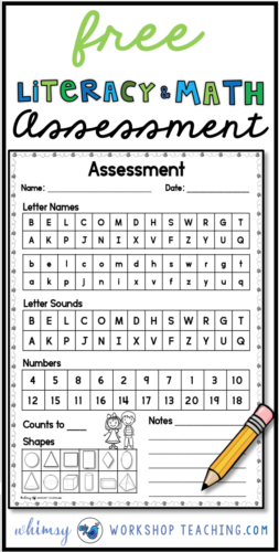 Download this quick assessment page for see which letter names, letter sounds, numbers and shapes your students know as they progress through the year!