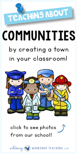 How to create a little town within your classroom to teach about communities in an authentic way! Check out the cute pictures from our school to see how it's done.