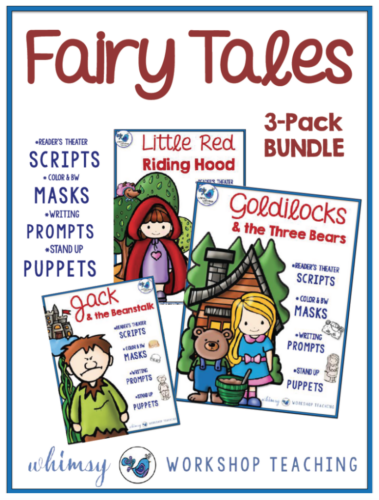 Fairy Tales reader's theater using masks and puppets with literacy writing prompts