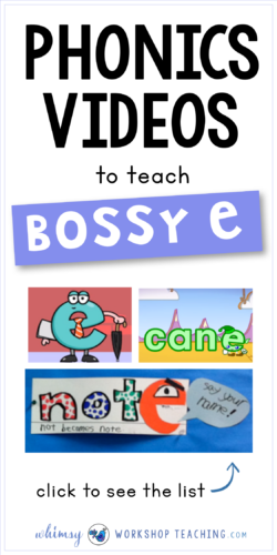 A great list of phonics videos for teaching phonics rule (spelling pattern) bossy e or magic e (list of videos and bulletin board project idea)