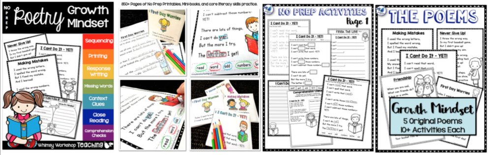 Growth Mindset No Prep Poetry with 5 poems and 12 activities for each poem