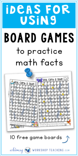 Board games are a natural and fun way to practice basic math facts. Here's a list of ways to try this for elementary math core skills, plus a free set of 10 seasonal board games to download for free.