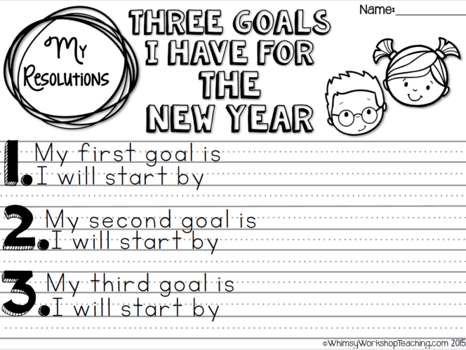 No prep printables to guide writing about goals for the new year - differentiated formats for grade one or grade two writing centers