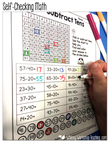 Add or subtract tens using a 100's Chart for support, and find answers at the bottom for self-checking.