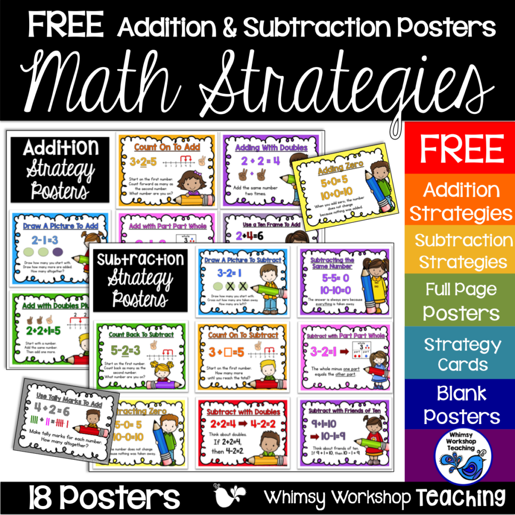 FREE Math Strategy Posters for addition and subtraction Whimsy