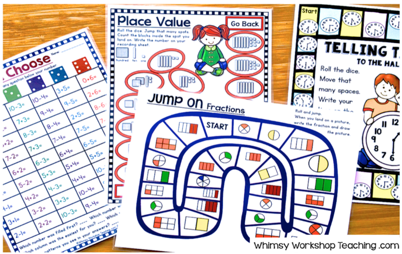 Board games for each math concept allows for a fun way to practice concepts and also encourages peer discussion as they play