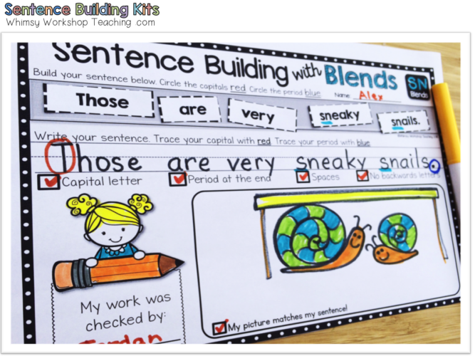 My students love to build silly sentences, but they seem to be much more successful when they have an opportunity to manipulate the words before they write. This format allowes for just that, and through the year we practice sight words, color words, parts of speech, blends, digraphs, compound words, quotations marks and contractions. Click to download a free set of sample pages to see if it works for your students!