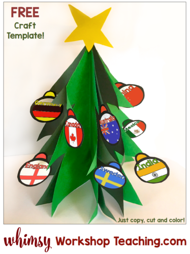 Simple cut and glue christmas tree craft with templates. Use the included cultural flag decorations, or your own ideas!