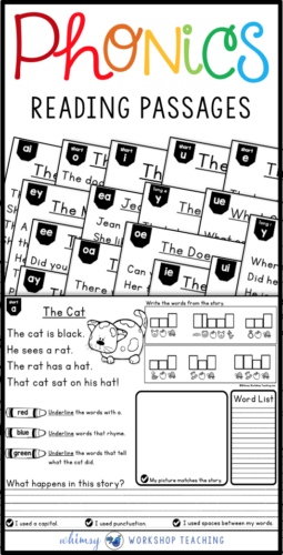 We use phonics passages to practice many different skills: close reading, phonics rules, sentence printing, self-editing, decoding and summarizing! These are perfect for literacy writing in first or second grade.