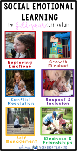 Social Emotional Learning lessons for the entire year, covering topics like emotions, growth mindset, conflict resolution, kindness and friendships, personal responsibility and gratitude!