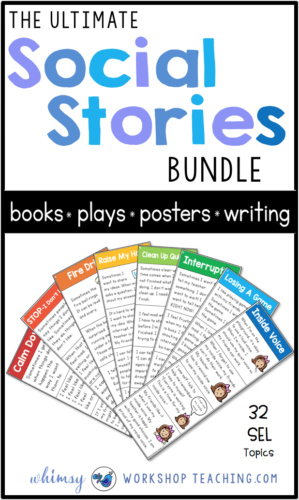 Social stories are a game-changer for teaching social skills and self-regulation in the primary classroom. Each of the 32 topics in this bundle has a full week of lessons and activities, plus a teacher script to guide your discussion! #SEL #socialemotionallearning #characterdevelopment #gradeone #kindergarten