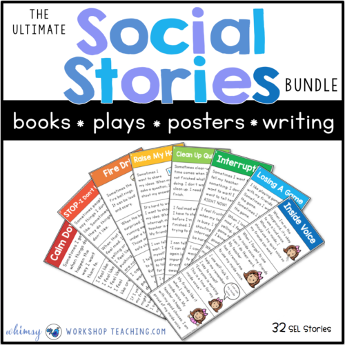 Social stories are a game-changer for teaching social skills and self-regulation in the primary classroom. Each of the 32 topics in this bundle has a full week of lessons and activities, plus a teacher script to guide your discussion! #SEL #socialemotionallearning #characterdevelopment #gradeone #kindergarten