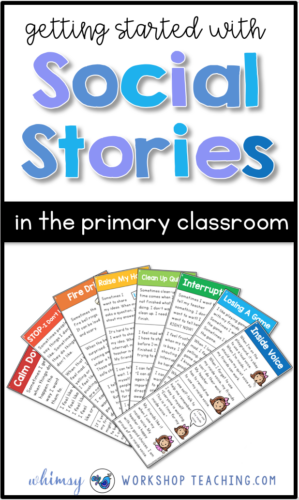 Social stories are a game-changer for teaching social skills and self-regulation in the primary classroom. Each of the 32 topics in this bundle has a full week of lessons and activities, plus a teacher script to guide your discussion! #SEL #socialemotionallearning #characterdevelopment #gradeone #kindergarten