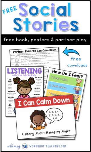 Social stories are a game-changer for teaching social skills and self-regulation in the primary classroom. FREE stories, partner plays and posters to create a more peaceful classroom. #SEL #socialemotionallearning #characterdevelopment #gradeone #kindergarten #socialstories