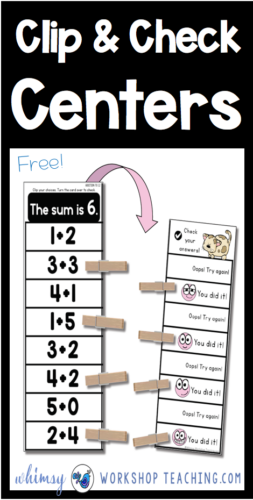 Clip and check self checking math centers for first grade! Free download from Whimsy Workshop Teaching #firstgrademath #mathcenters #mathactivities