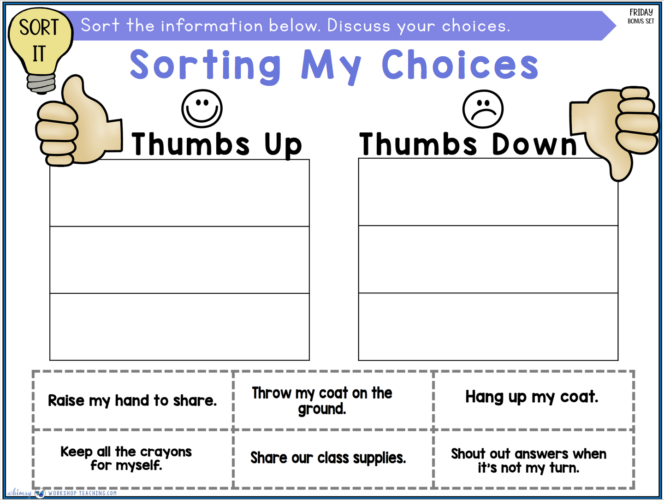 Social Skills lesson sorting good choices