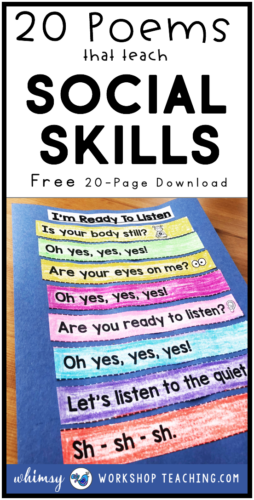 Teach social skills through poetry! Poems, chants and simple songs to reinforce social skills. Free download at Whimsy Workshop Teaching. #socialskillslessons #SELfirstgrade #firstgradepoetry