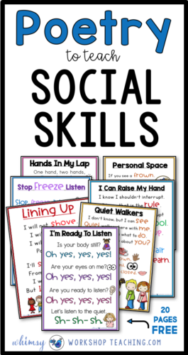 Using poems to teach social skills integrates social skills lessons and core literacy skills in kindergarten or first grade. Free 20 page set. #socialskillslessons #poetrylessonsfirstgrade