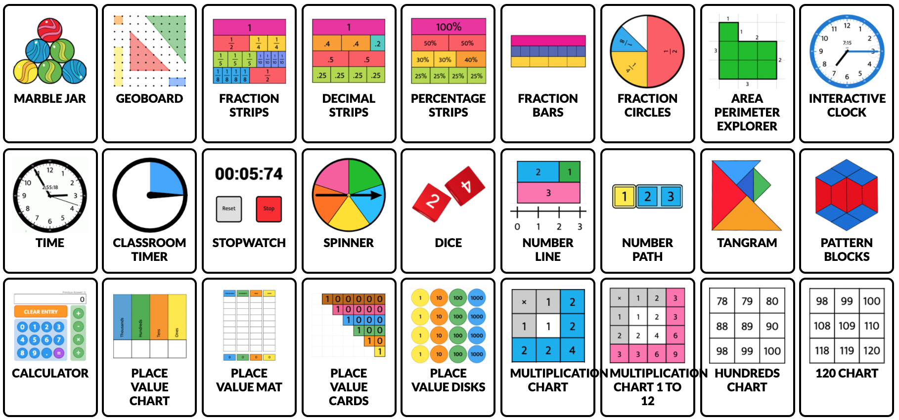 online math tools like geoboards, dice and spinners