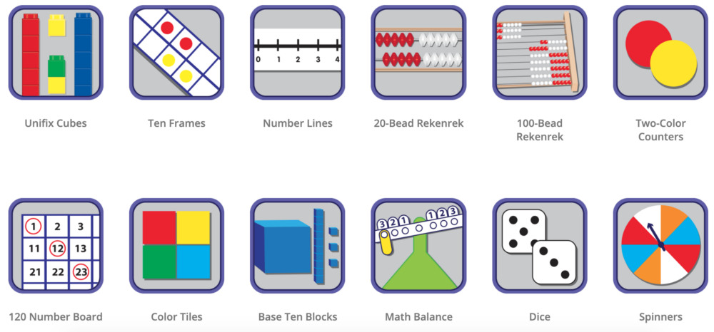 online math tools that include number lines, ten frames, blocks and counters